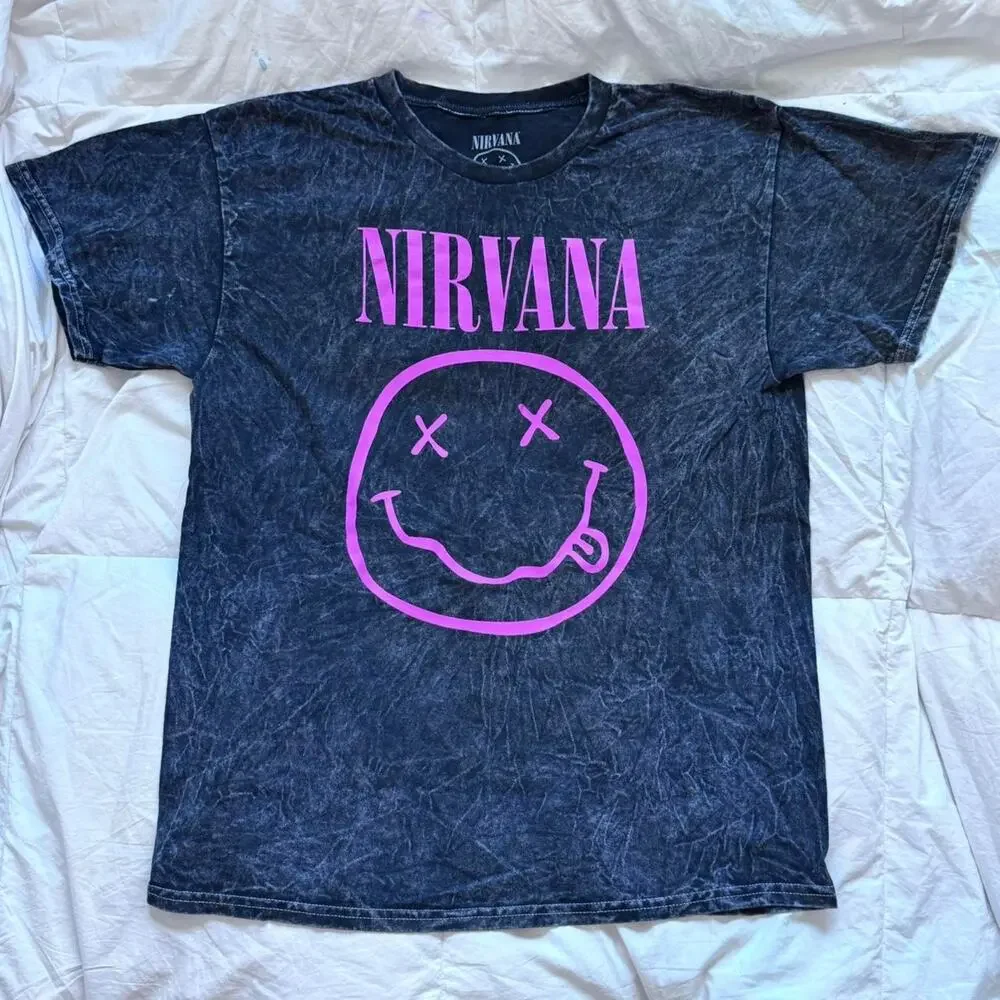 Nirvana smiley graphic band tee L cotton casual emo gunge skater black pink - Picture 2 of 8
